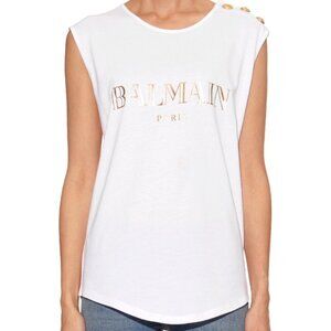 BALMAIN - White Tank Top with Gold Logo and Buttons